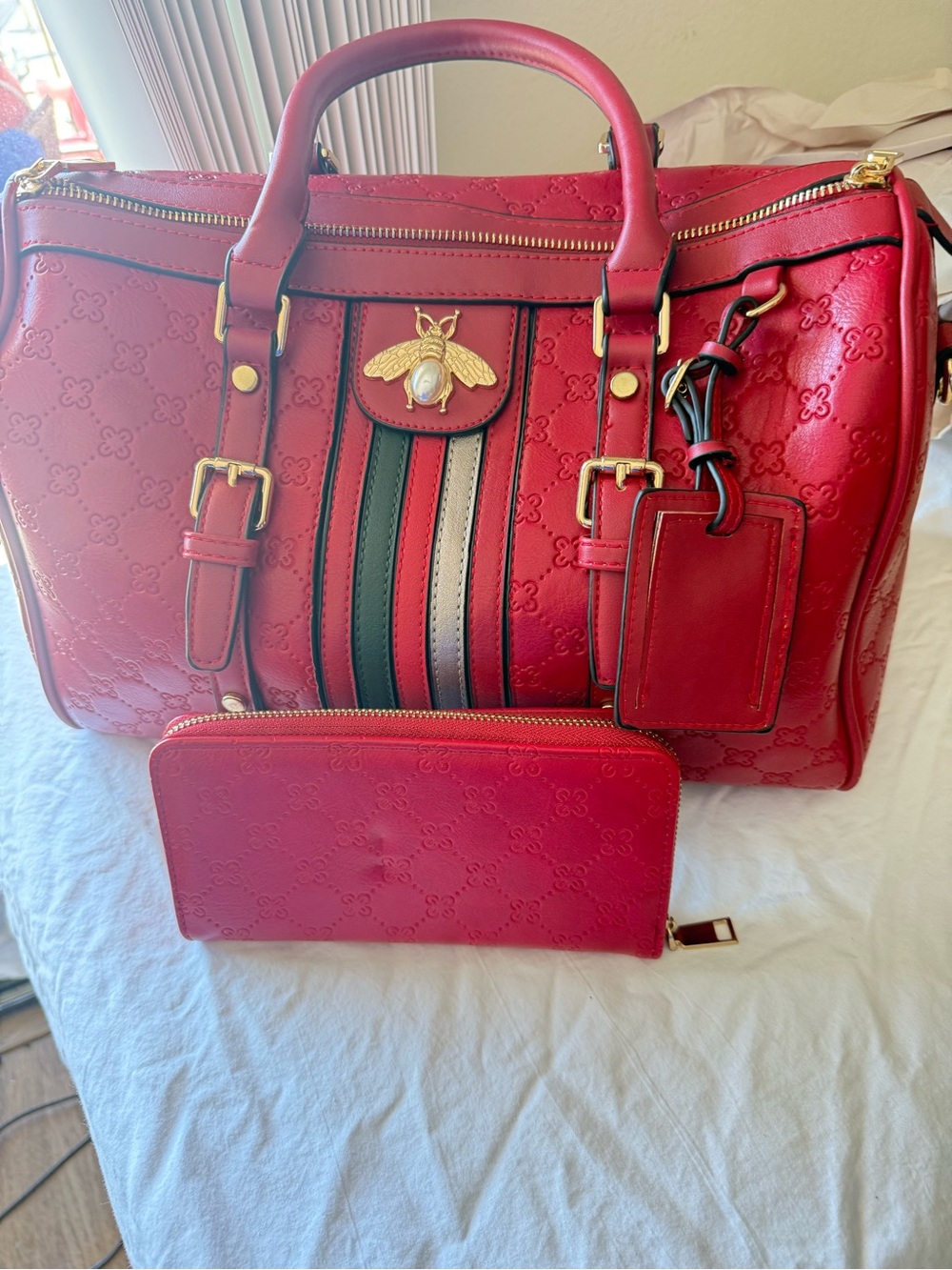 Red Leather Satchel with Bee Emblem